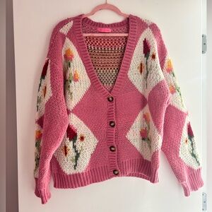 Pink Floral Knit Cardigan Sweater